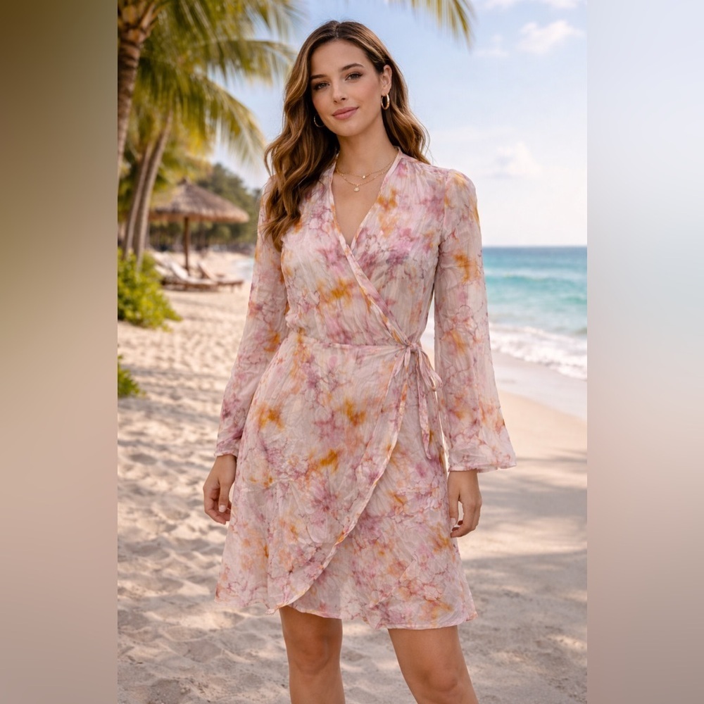 Bryn Walker Sheer Floral Long Sleeve Wrap Mini Dress S